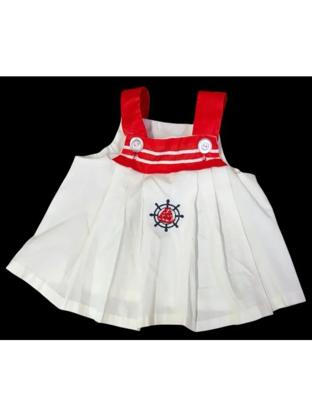Vintage 1950s Nautical Baby Toddler 18 MO Overalls Dress Ship Red White Blue